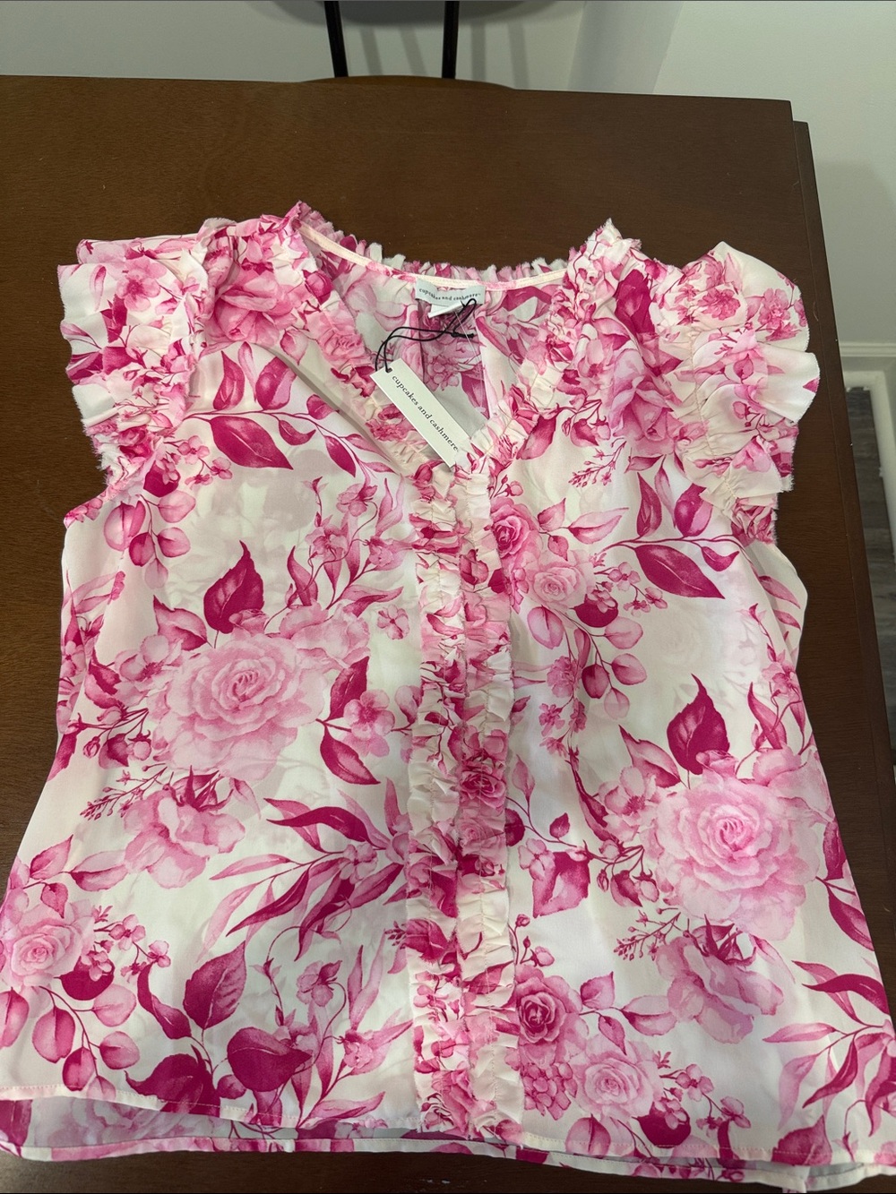 cupcakes & cashmere Pink Floral Ruffle Neck Blouse